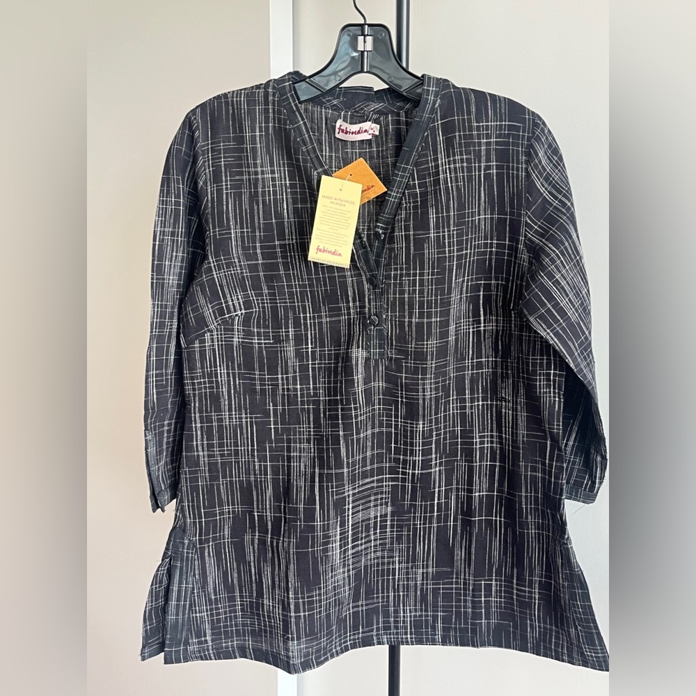NWT Fabindia Kurta Tunic Top Kurta Handwoven Khaki 100% Cotton Black & White Med